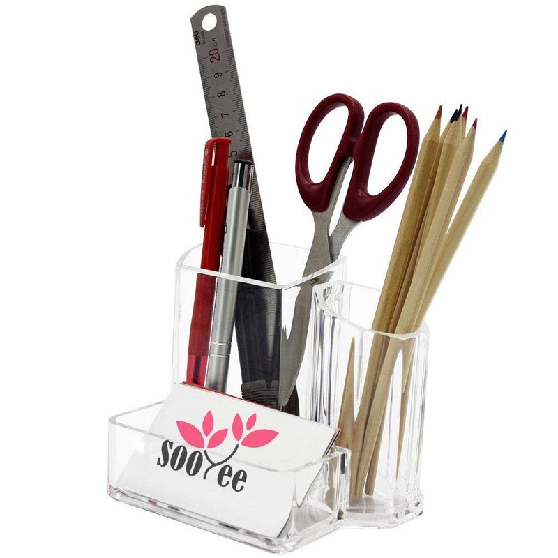 Sooyee Acrylic Desk Supplies Organizer Holder, 3 Compartments Office Desktop Caddy, Multi-function Pen Pencil Cup Phone Remote Control Stationery Storage Box for Home, School, Classroom, Clear - Image 3